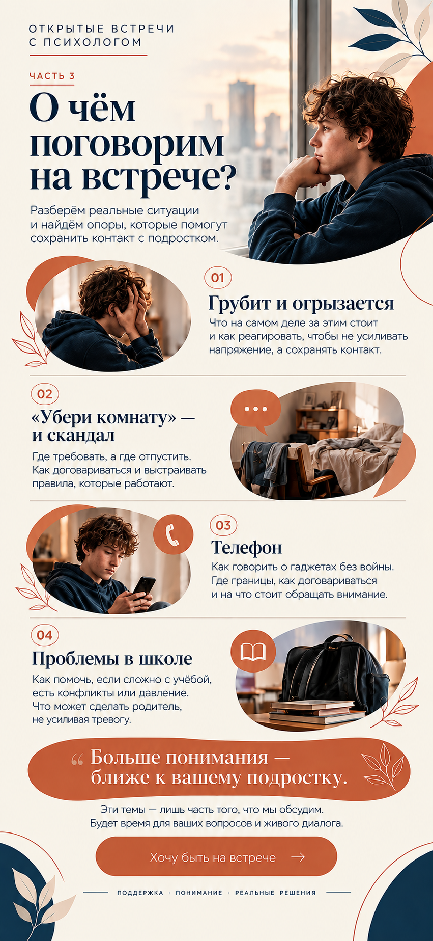 О чём поговорим на встрече: грубит и огрызается, уборка комнаты, телефон и проблемы в школе.